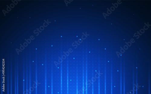 Abstract tech background with glowing blue particles. Digital grid and light beams. Futuristic data network concept. Innovation texture with data flow. Cyber connection backdrop. Vector illustration.
