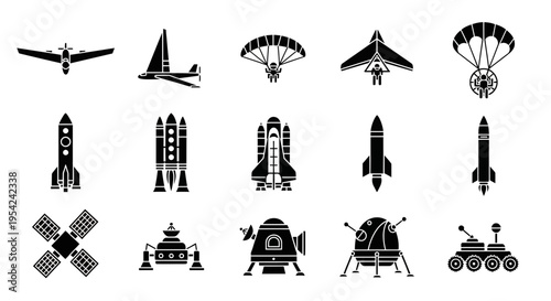 Black icons depicting various aircraft spacecraft and space exploration vehicles
