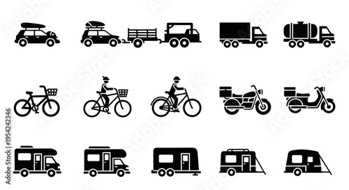 Black icons of various vehicles bicycles trailers and camping setups