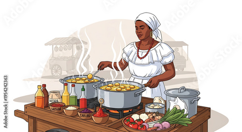 A vibrant illustration of a woman cooking traditional food at an outdoor market stall