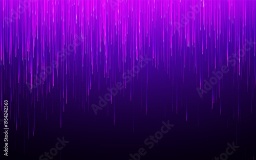 Digital data background with glowing neon lines. Futuristic bright rain effect with purple gradient. Technology data flow backdrop. Cyber light streaks design. Vector illustration.