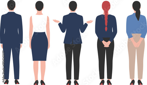 Back view silhouettes of diverse business professionals in formal attire, standing in different postures, symbolizing workplace diversity and teamwork