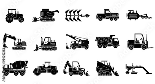 Black silhouette icons of construction and agricultural machinery arranged in three rows