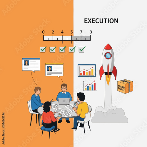 Team collaborating on a project, planning and executing a successful launch with a rocket.