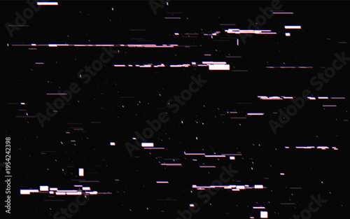 Abstract glitch background with RGB split effect. Digital distortion with noise on black backdrop. Futuristic tech interference design. Cyber error signal texture. Vector illustration.