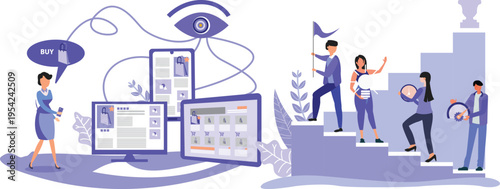 A group of people are standing on steps with a computer and a cell phone