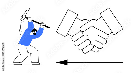 Conflict resolution. A miner attacking while a handshake peace. Conflict resolution highlighted through contrasts, teamwork, cooperation, negotiations, and opposition solutions