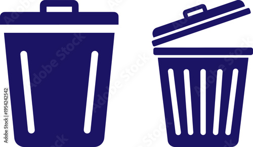 Two dark blue trash can icons with lids on white background for business and design use