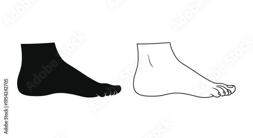 A pair of human feet one black and one white depicted in a simple outline