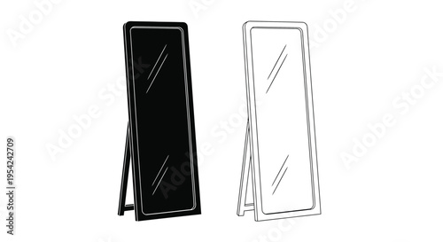 Two full length mirrors presented in contrasting black and white outlines
