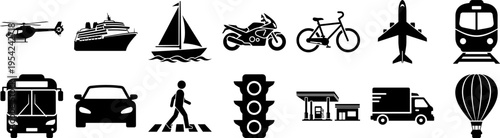 Collection of transportation icons including vehicles and modes of transport