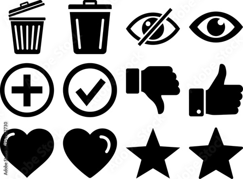 Collection of black icons for user interface and feedback symbols