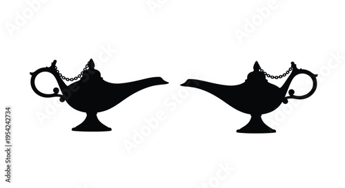 Two black silhouettes of genie lamps with ornate details are shown