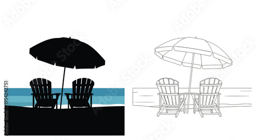 Beach scene with adirondack chairs and umbrellas depicted in dual tone