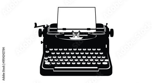 A black and white illustration of a vintage typewriter with a blank page