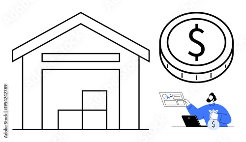 Supply chain, e-commerce, financial operations, inventory management, logistics, online business. Warehouse with boxes, coin person using a laptop and holding money. Supply chain and e-commerce
