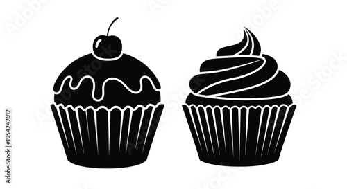 Two black and white illustrations of decorated cupcakes with cherries