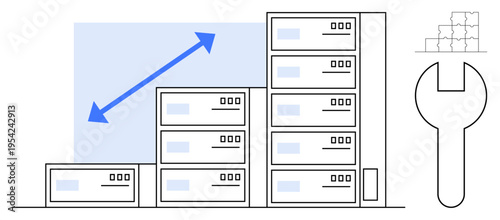 Data center. data center growth with scalable server stacks and tools for maintenance. Data center management ensures scalability and maintenance. For IT, cloud services, tech solutions, operations