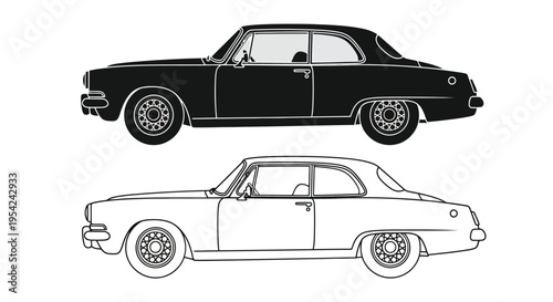 Black and white line drawing of a classic vintage automobile side view
