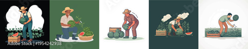 Vector Illustration of Farmer Harvesting Watermelon