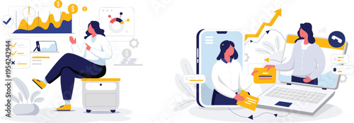 A woman sitting on a printer and a woman on a laptop and phone