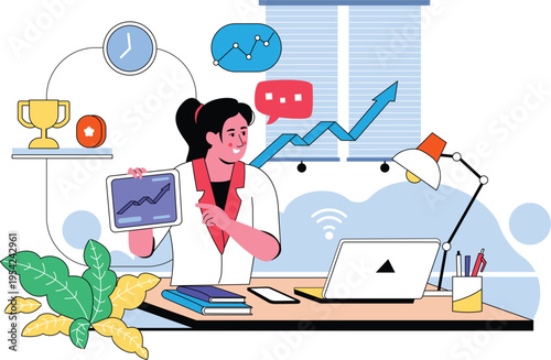 A woman sitting at a desk looking at a graph on a tablet