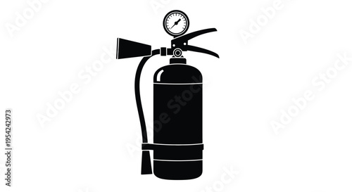 Simple black silhouette of a fire extinguisher with a nozzle and pressure gauge