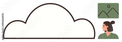 Creativity, data storage, graphic design, personal identity, digital content, inspiration. Woman profile next to cloud shape and photo icon. Creativity and data storage