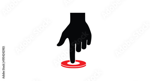 A black silhouette of a hand pressing a red button