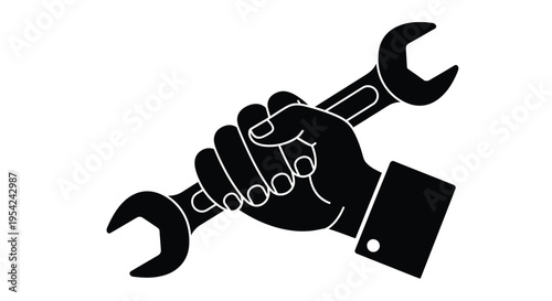 A black and white illustration of a hand firmly gripping a wrench
