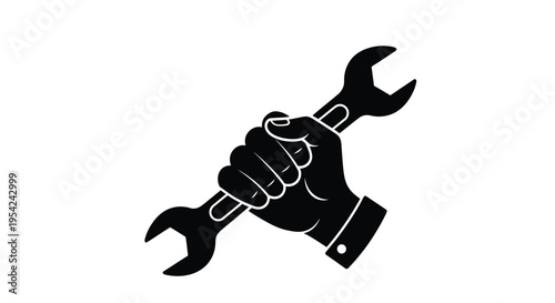 A black silhouette of a hand firmly gripping a wrench