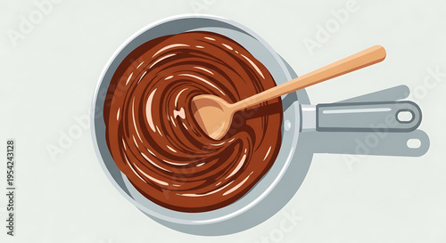 A vector graphic illustration of a saucepan filled with melted chocolate and a wooden spoon.