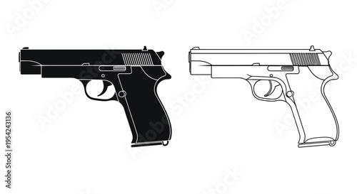 Two handgun illustrations a black silhouette and a white outline version
