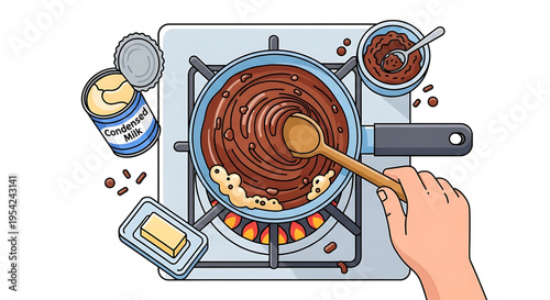 A hand stirs melted chocolate in a pot on a stovetop with ingredients nearby.