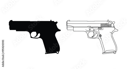 Two depictions of a semi automatic pistol one solid and one outlined