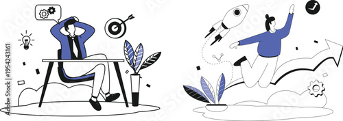 A man sitting at a desk looking stressed and another man jumping up with a rocket