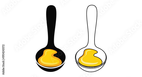Two spoons one black and one white each holding a golden liquid