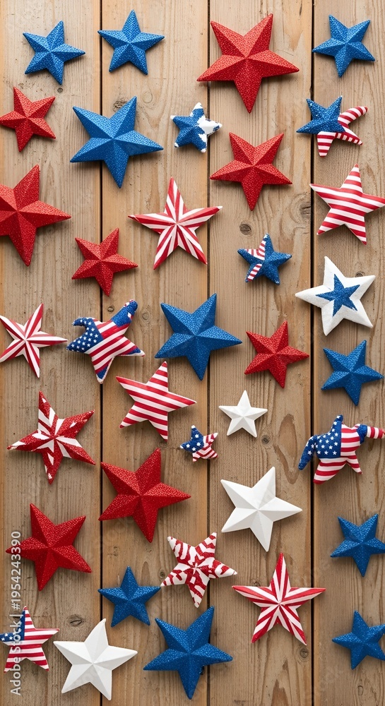 Obraz premium Patriotic stars and flags on wood.
