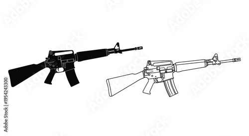 Black and white illustration of two ar 15 style assault rifles side view