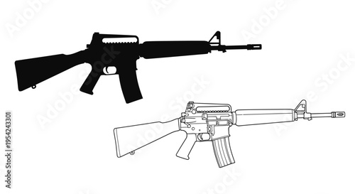 Two depictions of an ar 15 style rifle in contrasting styles