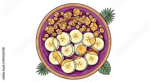 A vibrant illustration of a healthy breakfast bowl with banana and granola