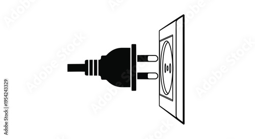 Black and white illustration of an electrical plug in a wall socket