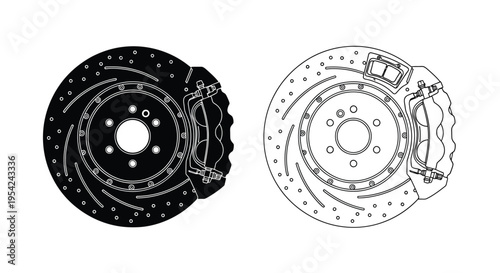 Detailed illustration of automotive disc brakes showing shaded and unshaded views