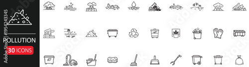 pollution and environmental waste icon set, minimal outline ecology symbols