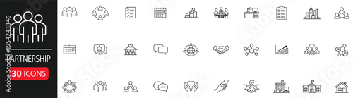 partnership and business team icon set, minimal outline collaboration symbols