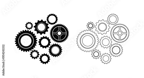 Arrangement of black and white gears in abstract mechanical clusters