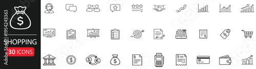 shopping and finance business icon set, minimal outline commercial symbols