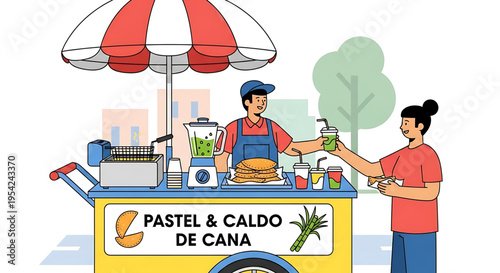 A vibrant street food vendor selling traditional Pastel and Caldo de Cana to a hungry customer from a colorful cart