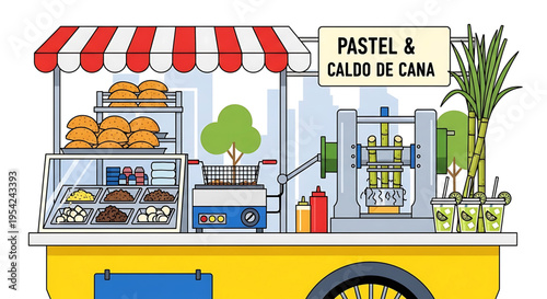 A colorful illustration of a food cart serving traditional Brazilian pastries and sugar cane juice