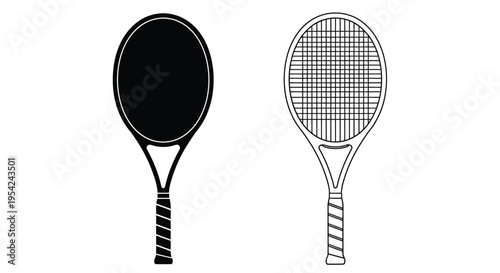 Two tennis rackets one solid black and one with string detail